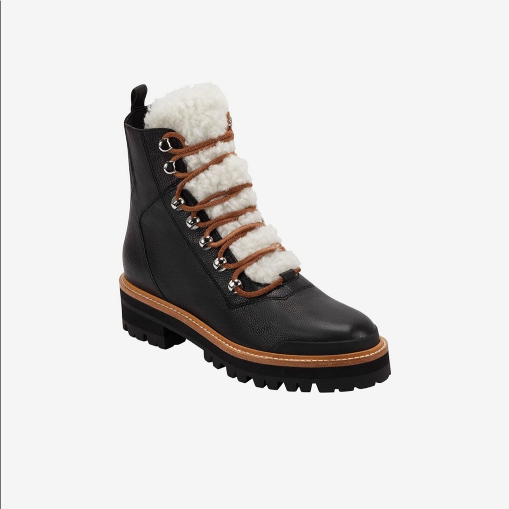 NWOT Marc Fisher LTD Izzie black leather and shearling lace up boot.